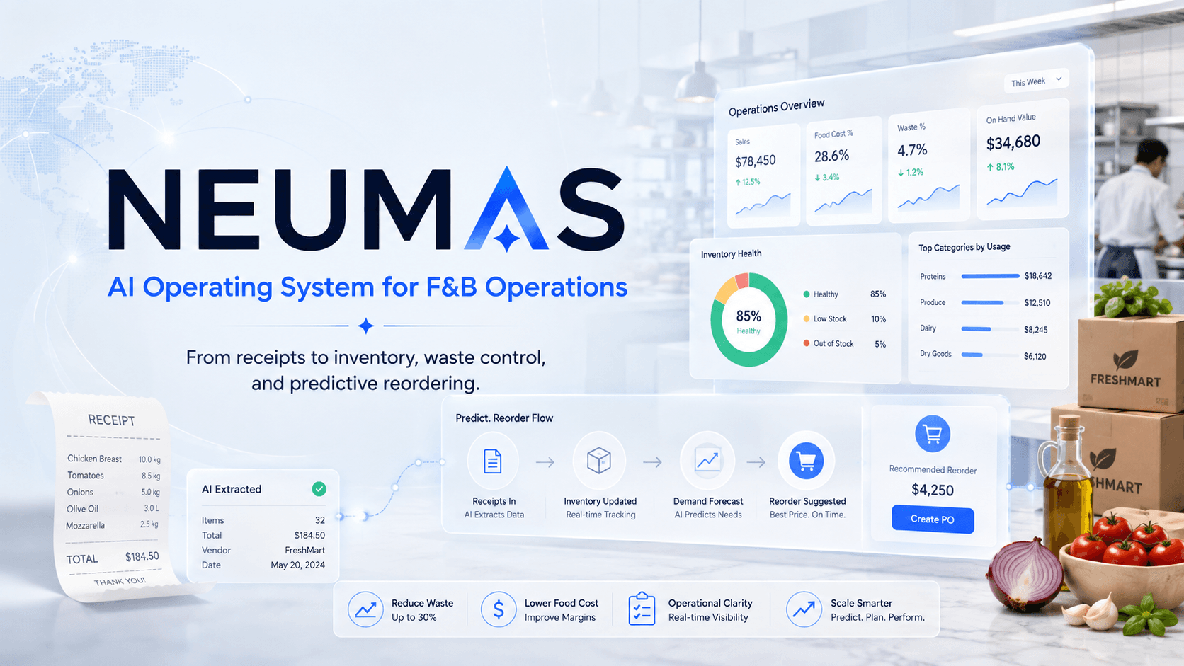 Neumas AI operating system for F&B operations dashboard and kitchen workflow